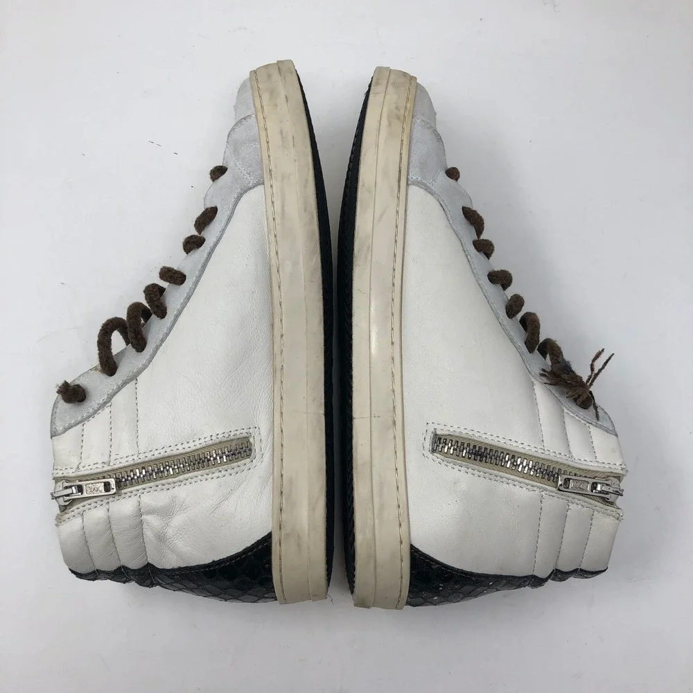 P448 High‎ Top Sneakers Womens 37 White Silver Glitter Snakeskin Italian Leather